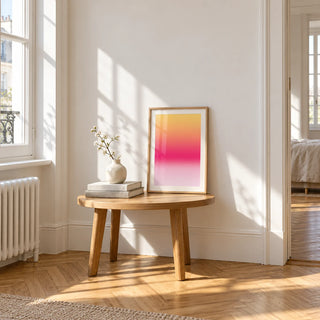 Fuchsia Wall Art, a small A4 framed print leaning on a small solid oak side table