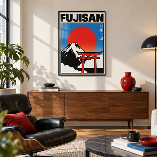 Fujisan Wall Art, framed on the wall of a modern city-flat living room with a warm white wall