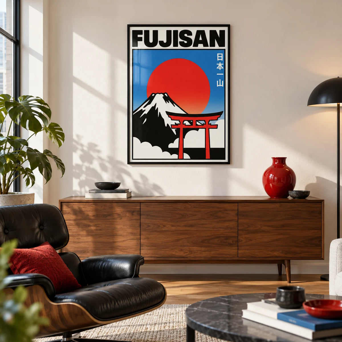 Fujisan Wall Art, framed on the wall of a modern city-flat living room with a warm white wall