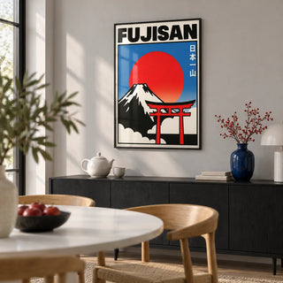 Fujisan Wall Art, framed on the wall of a modern dining room with a pale grey wall