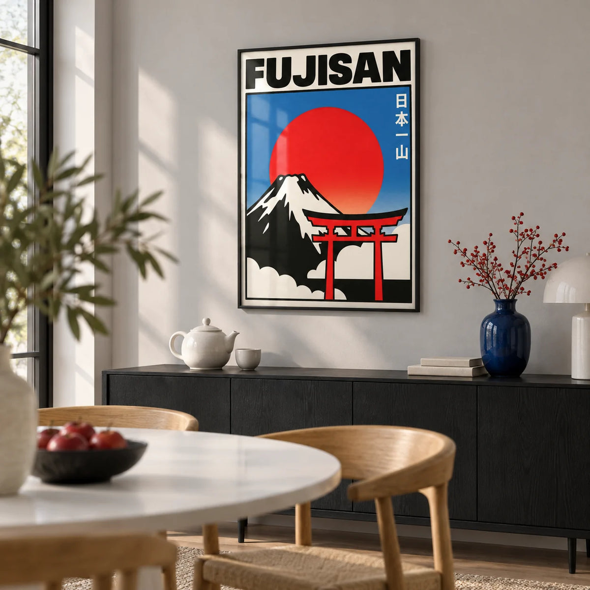 Fujisan Wall Art, framed on the wall of a modern dining room with a pale grey wall