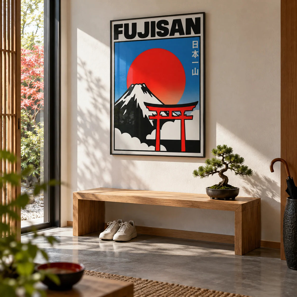 Fujisan Wall Art, framed on the wall of a modern Japanese-style entrance hall with a concrete floor