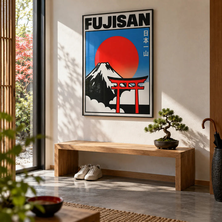 Fujisan Wall Art, framed on the wall of a modern Japanese-style entrance hall with a concrete floor