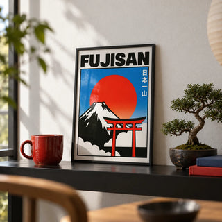 Fujisan Wall Art, a small A4 framed print leaning on a black shelf in a living room