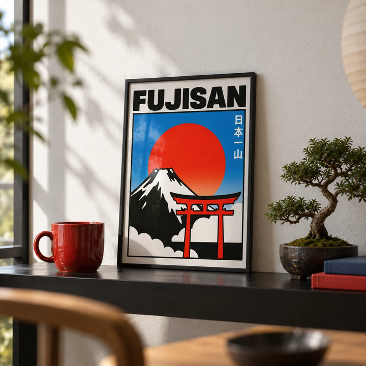Fujisan Wall Art, a small A4 framed print leaning on a black shelf in a living room