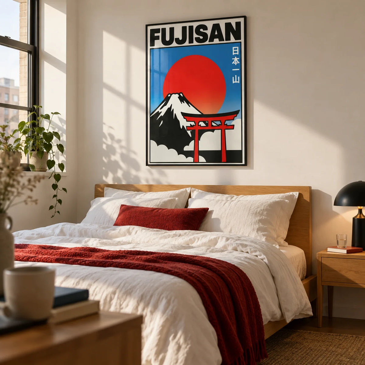 Fujisan Wall Art, framed on the wall of a tidy first-flat bedroom (22-28)