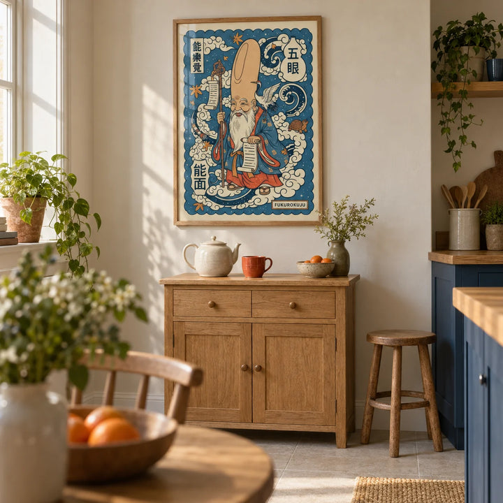 Fukurokuju Wall Art, framed on the wall of a calm kitchen in a renovated UK terrace with plain deep blue lower cabinets