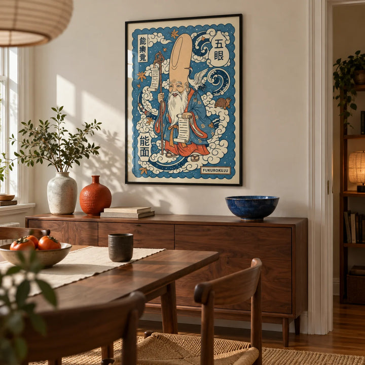 Fukurokuju Wall Art, framed on the wall of a Japanese-influenced dining room in a characterful UK flat with cream walls and walnut furniture