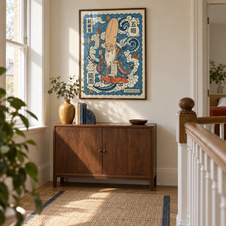 Fukurokuju Wall Art, framed on the wall of a light-filled upstairs landing in a UK townhouse with cream walls and a simple timber balustrade