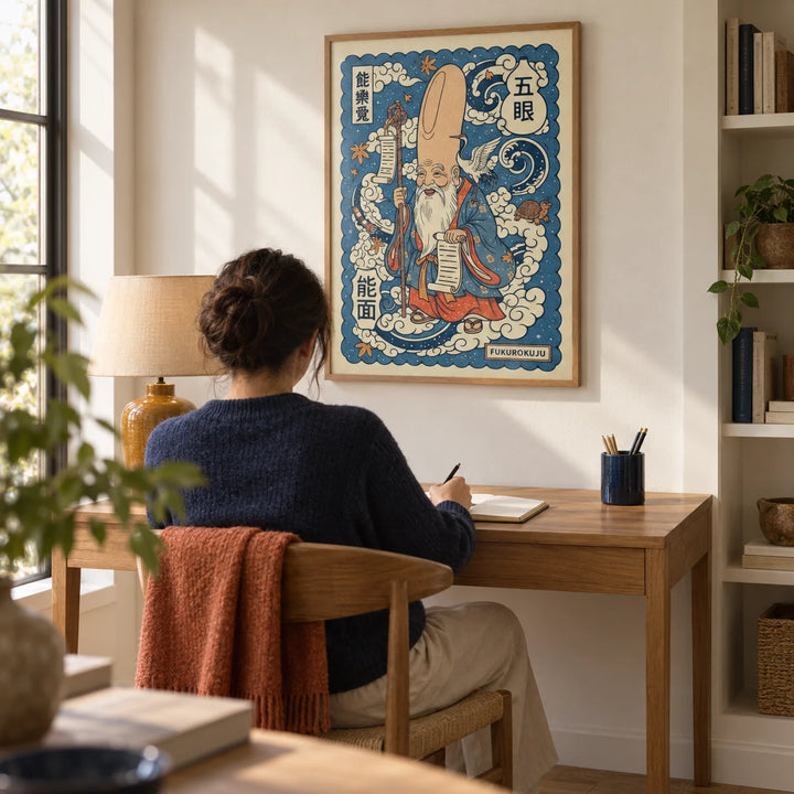 Fukurokuju Wall Art, framed on the wall of a quiet home study with a warm white wall