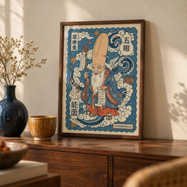 Fukurokuju Wall Art, a small A4 framed print leaning on a walnut sideboard in a living room
