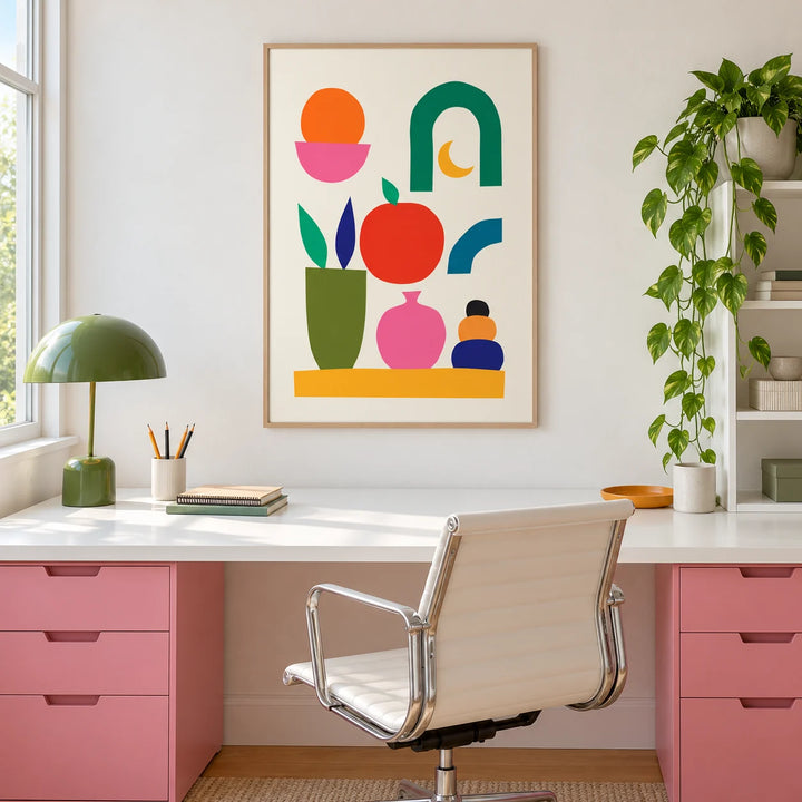 Fun Colorful Print, framed on the wall of a colourful creative studio in a home office