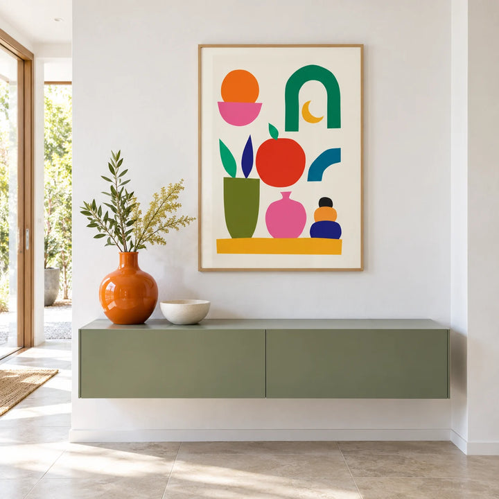 Fun Colorful Print, framed on the wall of a fresh bright entryway