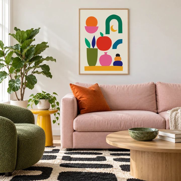 Fun Colorful Print, framed on the wall of a light eclectic lounge