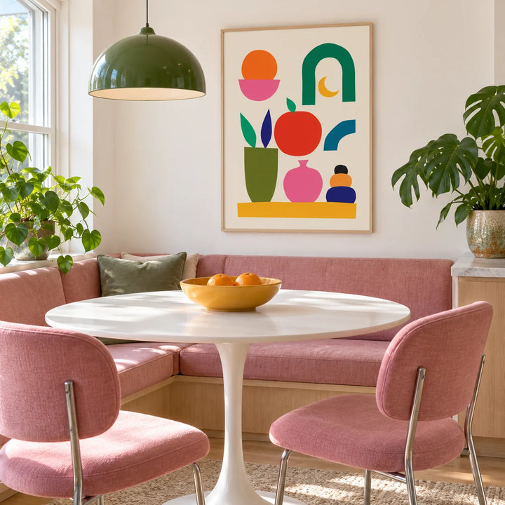 Fun Colorful Print, framed on the wall of a pink breakfast nook in a kitchen