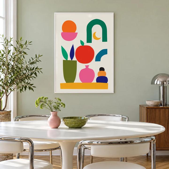 Fun Colorful Print, framed on the wall of a sage green dining room