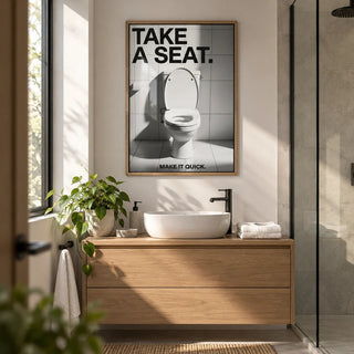 Funny Bathroom Art, framed on the wall of a calm en-suite bathroom
