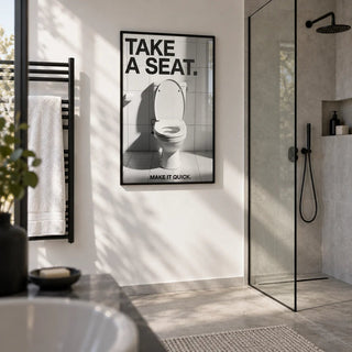 Funny Bathroom Art, framed on the wall of a modern shower room