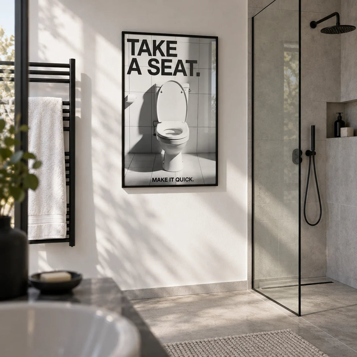 Funny Bathroom Art, framed on the wall of a modern shower room