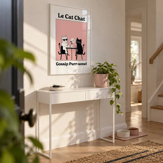 Funny Cat Artwork, framed on the wall of a bright hallway