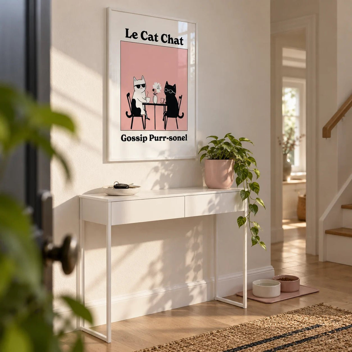 Funny Cat Artwork, framed on the wall of a bright hallway