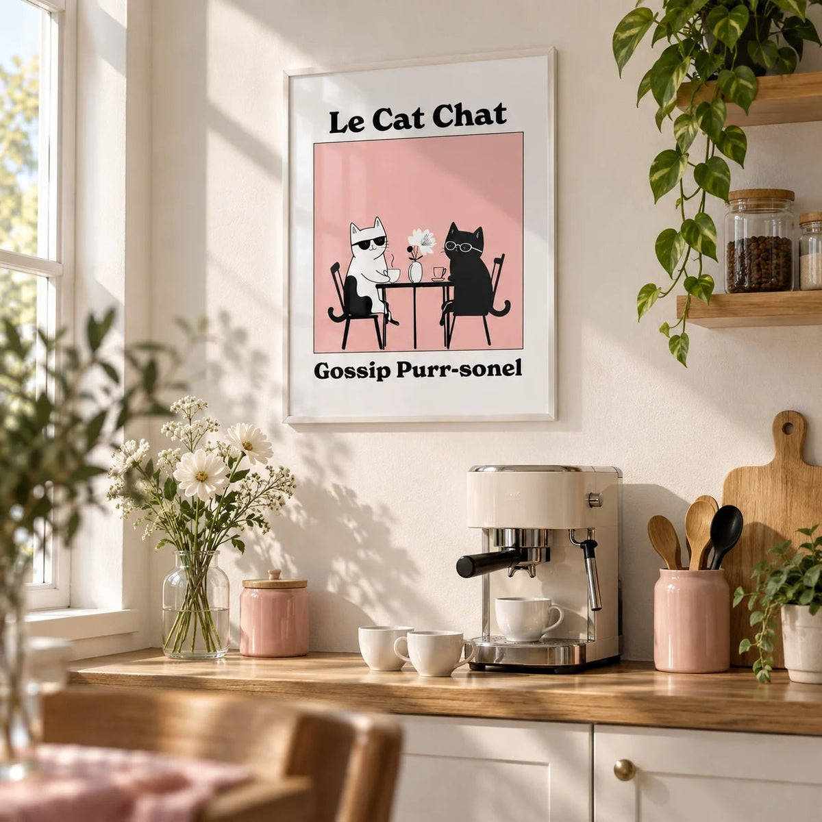 Funny Cat Artwork, framed on the wall of a bright kitchen coffee corner