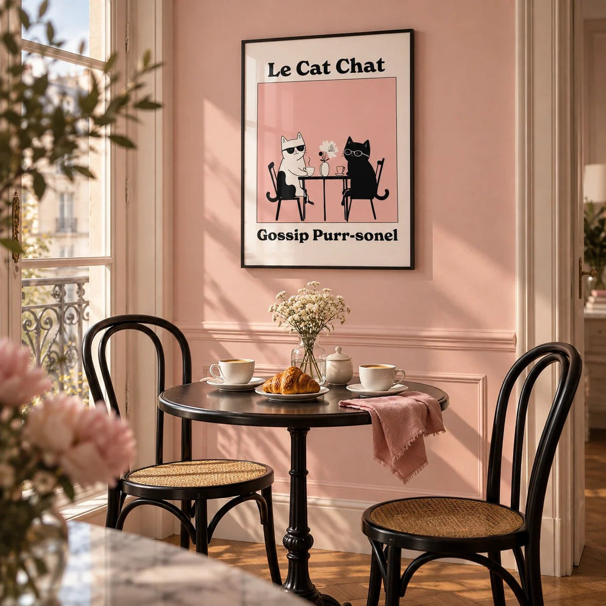 Funny Cat Artwork, framed on the wall of a Parisian-style breakfast nook in a kitchen