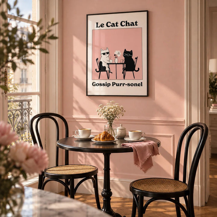Funny Cat Artwork, framed on the wall of a Parisian-style breakfast nook in a kitchen