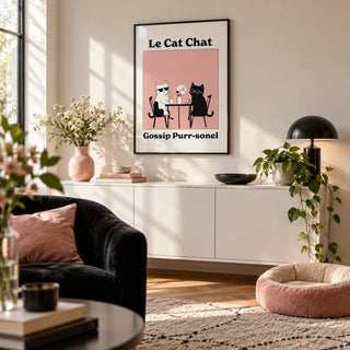 Funny Cat Artwork, framed on the wall of a playful living room