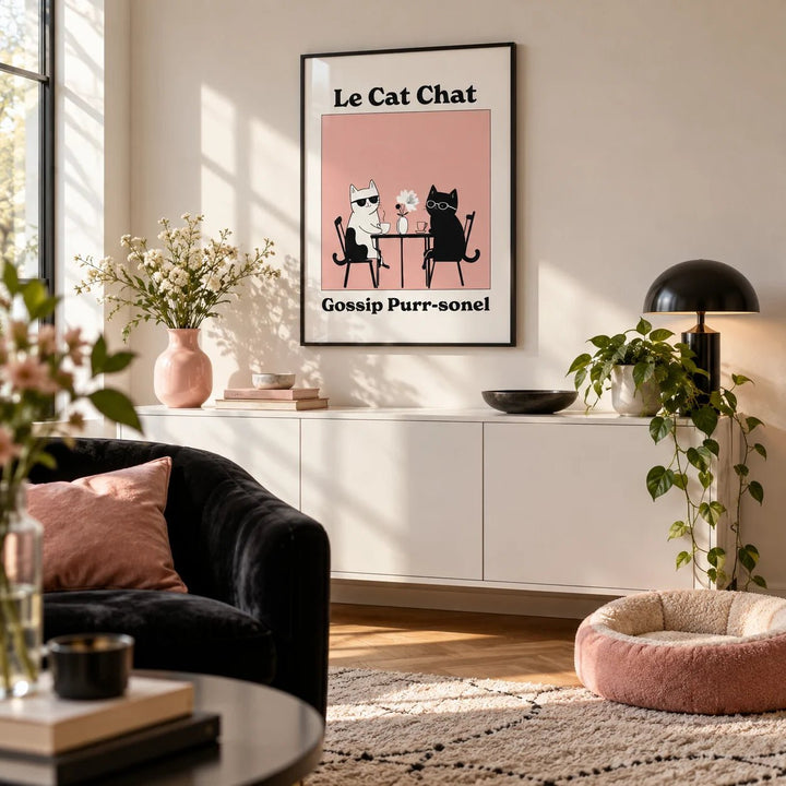 Funny Cat Artwork, framed on the wall of a playful living room