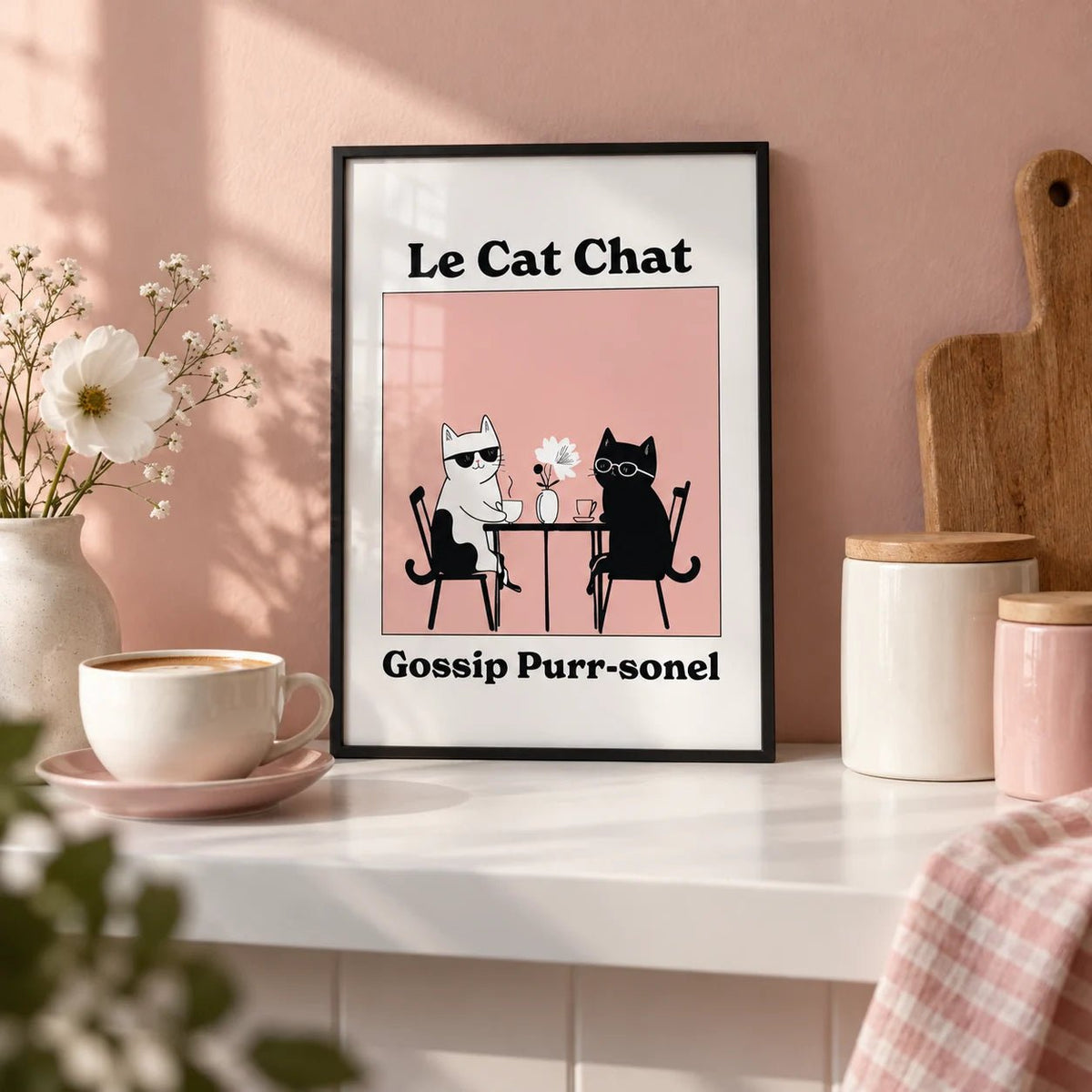 Funny Cat Artwork, a small A4 framed print leaning on a white kitchen shelf