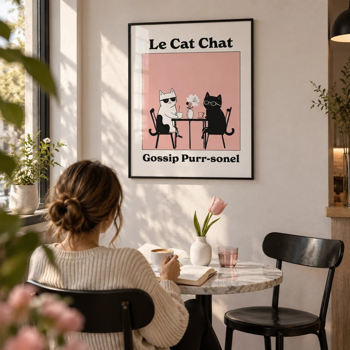 Funny Cat Artwork, framed on the wall of a small café-style dining corner in a kitchen