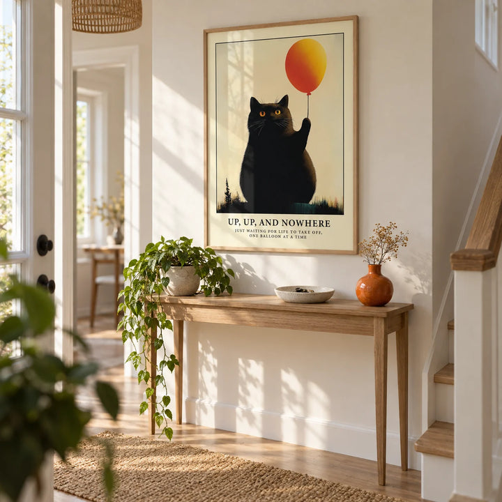 Funny Cat Poster, framed on the wall of a bright hallway