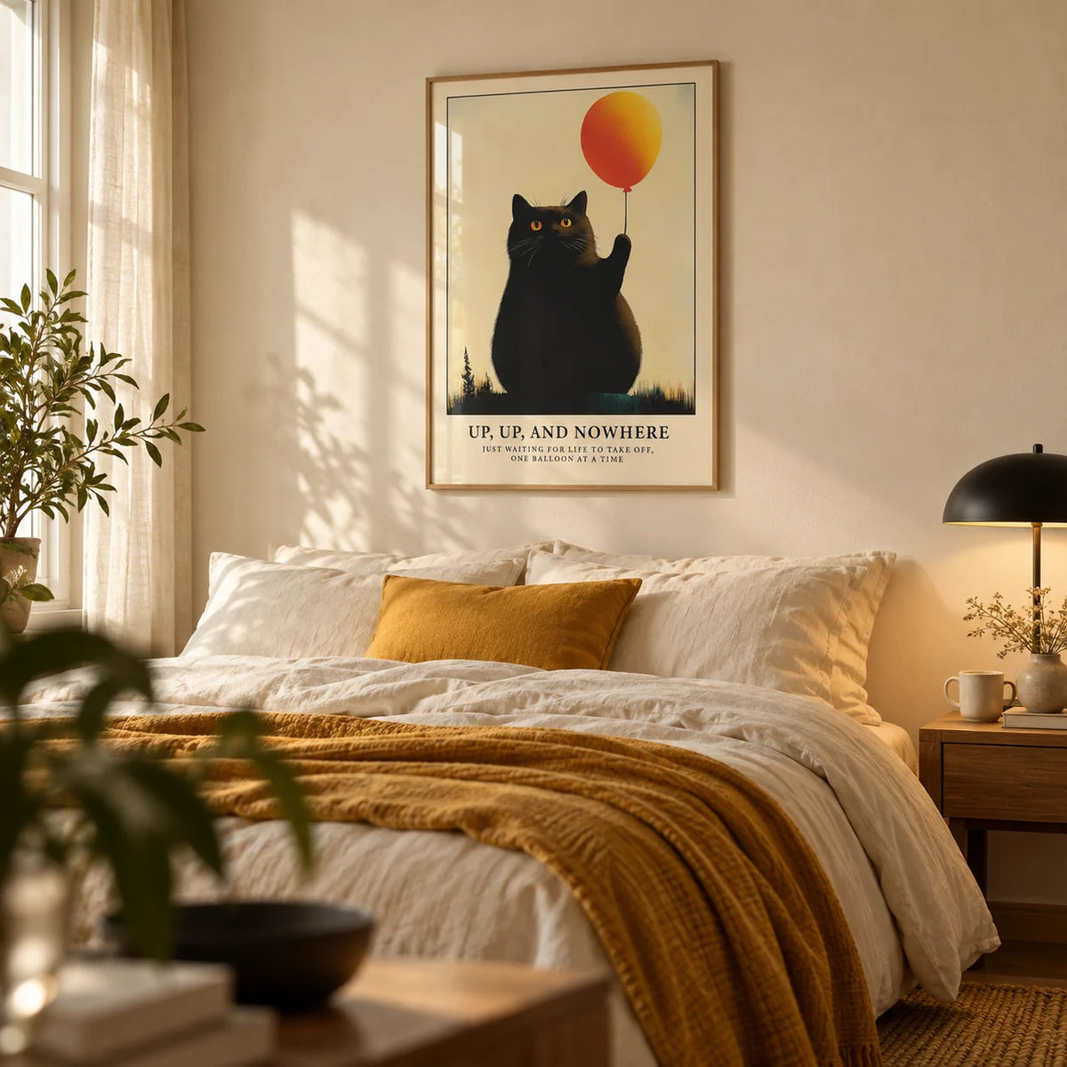 Funny Cat Poster, framed on the wall of a cosy bedroom with a warm cream wall