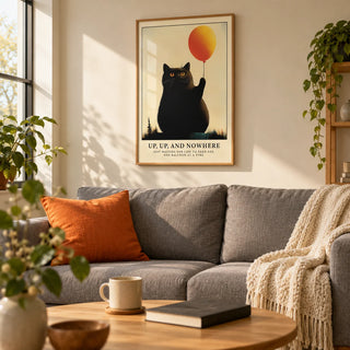Funny Cat Poster, framed on the wall of a first-flat living room
