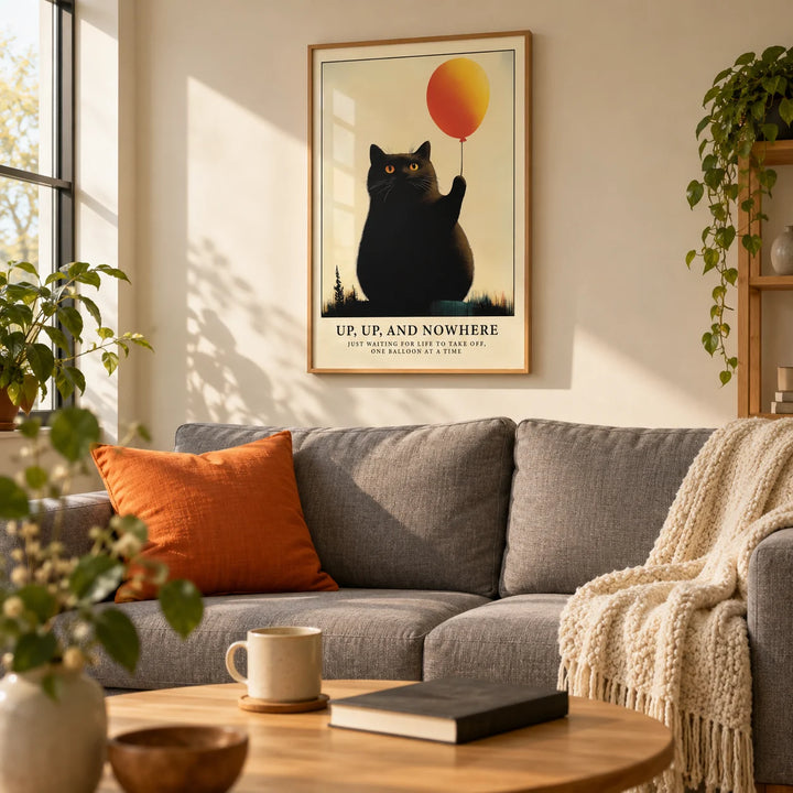 Funny Cat Poster, framed on the wall of a first-flat living room