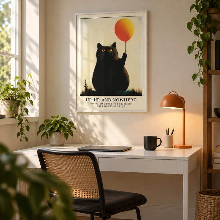 Funny Cat Poster, framed on the wall of a home office in a spare room