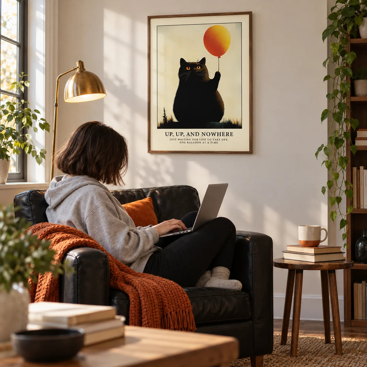 Funny Cat Poster, framed on the wall of a reading corner in a living room