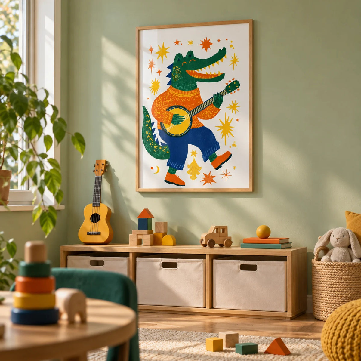 Funny Crocodile Art Print, framed on the wall of a bright playroom with a pale green wall