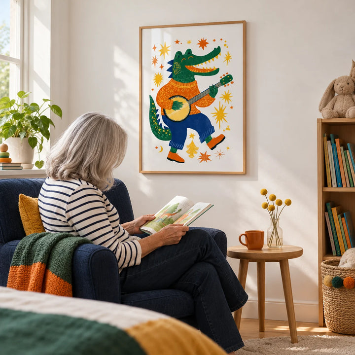 Funny Crocodile Art Print, framed on the wall of a child's bedroom corner with a white wall