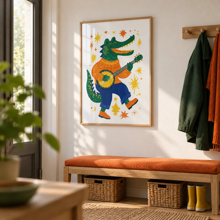Funny Crocodile Art Print, framed on the wall of a family hallway with a white wall