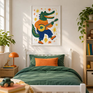 Funny Crocodile Art Print, framed on the wall of a little boy's bedroom with a soft white wall