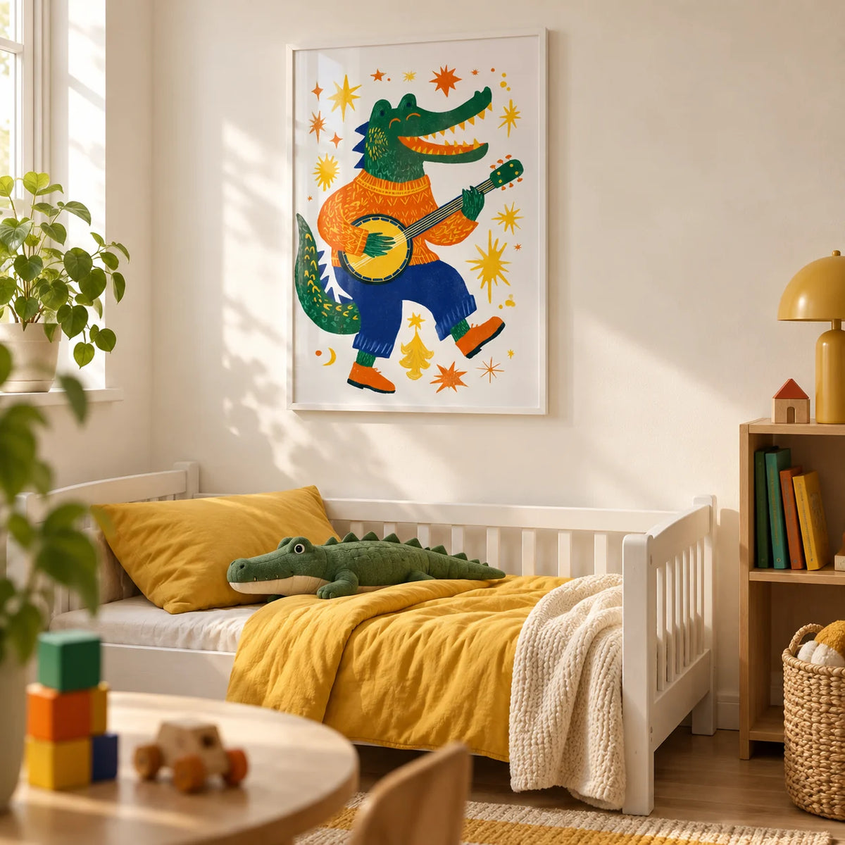 Funny Crocodile Art Print, framed on the wall of a toddler's room with a warm white wall in a bedroom