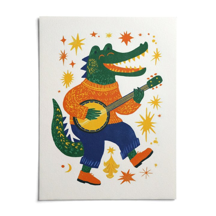 Funny Crocodile Art Print, shown as an unframed paper print on a plain white background