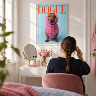 Funny Daschund Print, framed on the wall of a bright dressing corner with a white wall in a living room