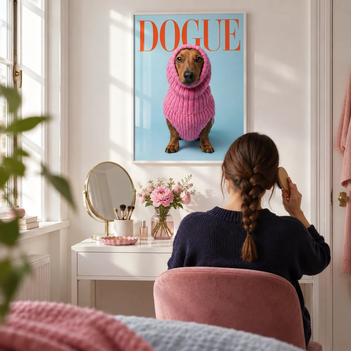 Funny Daschund Print, framed on the wall of a bright dressing corner with a white wall in a living room