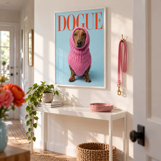 Funny Daschund Print, framed on the wall of a bright hallway with a white wall
