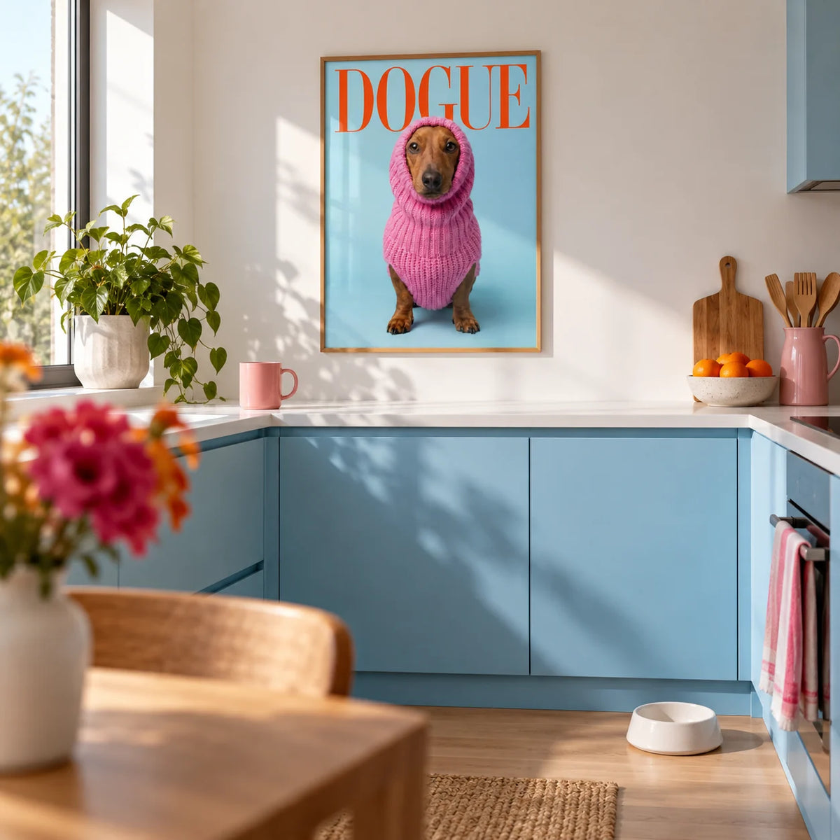 Funny Daschund Print, framed on the wall of a bright kitchen with plain sky blue cabinets and a white worktop