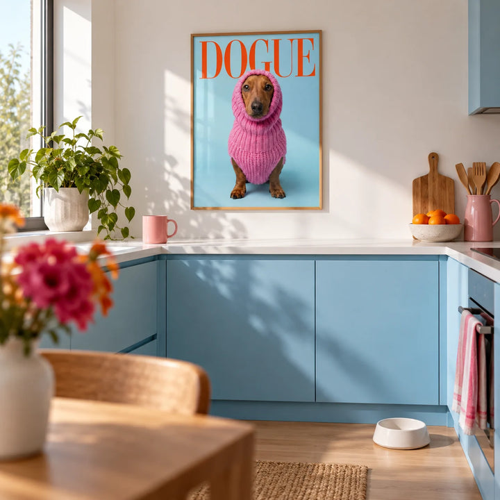Funny Daschund Print, framed on the wall of a bright kitchen with plain sky blue cabinets and a white worktop