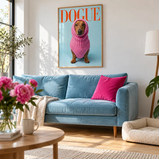Funny Daschund Print, framed on the wall of a bright modern living room with a white wall and a light oak floor